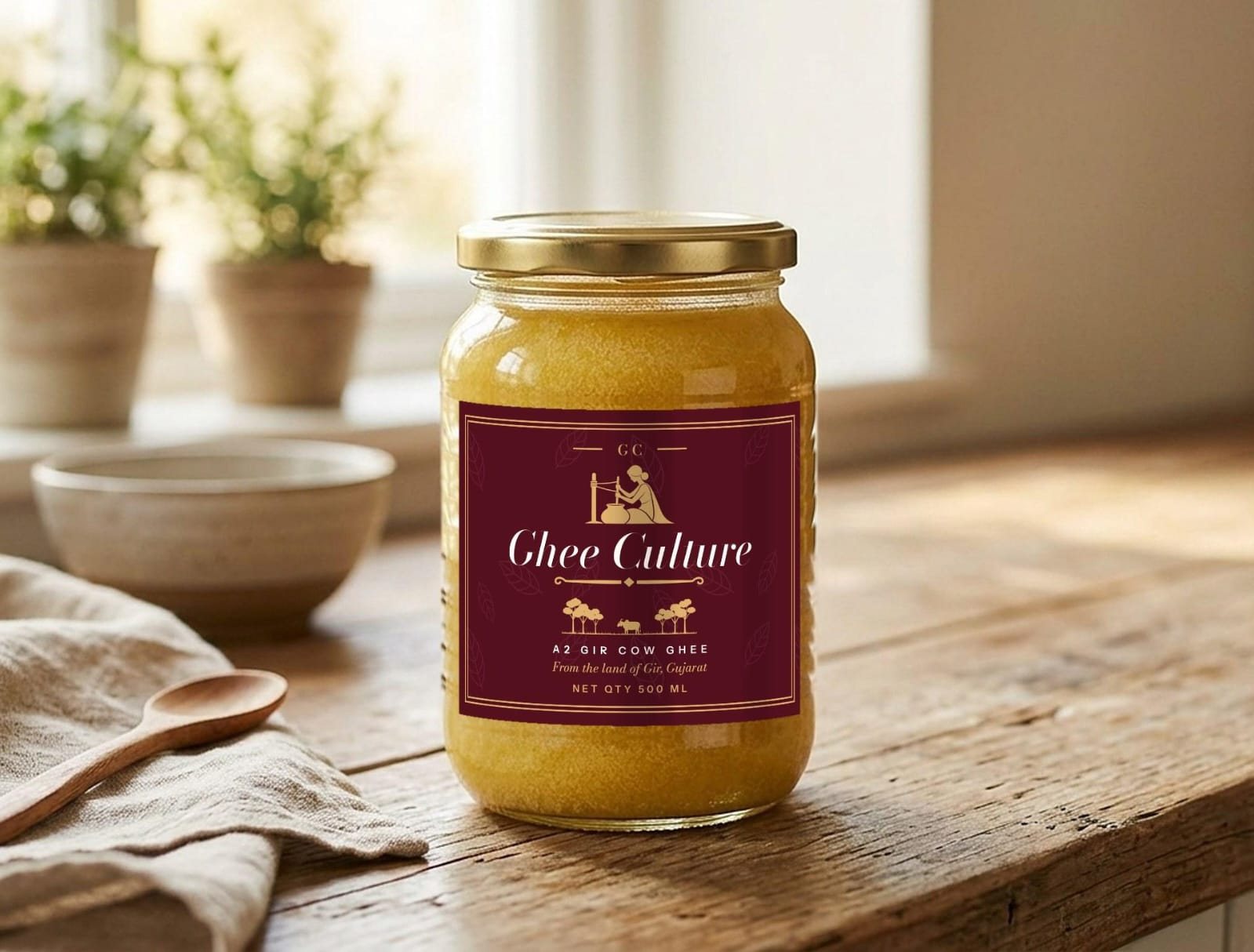 A 500 ml jar of Ghee Culture A2 Gir cow ghee with an oxblood label and gold lid, on a wooden kitchen counter