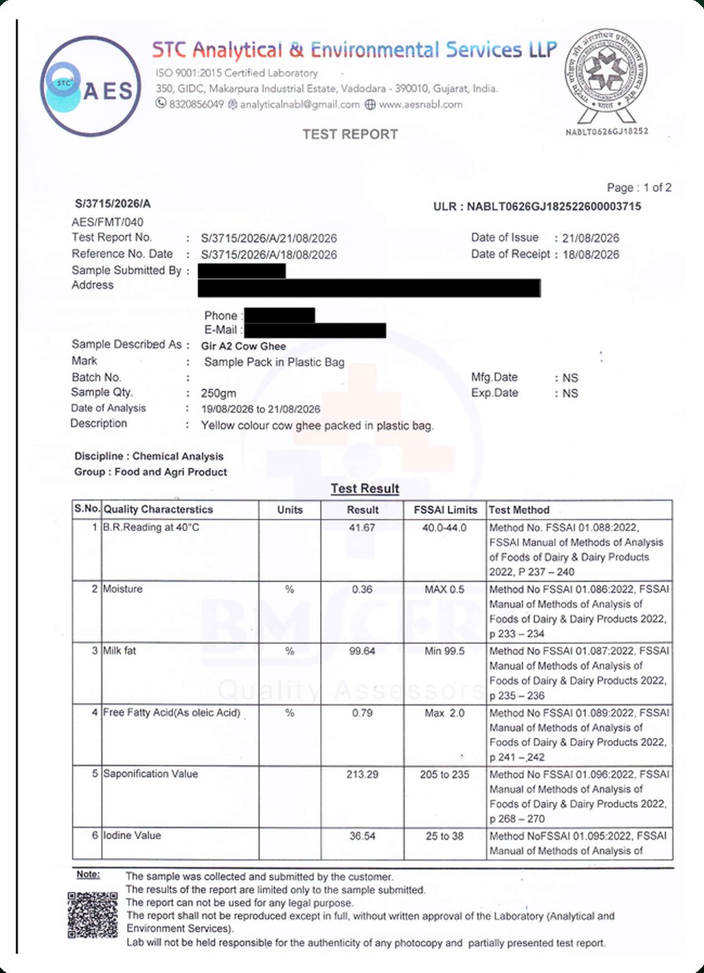 Page 1 of the STC Analytical & Environmental Services test report for Gir A2 cow ghee, showing six test results within FSSAI limits