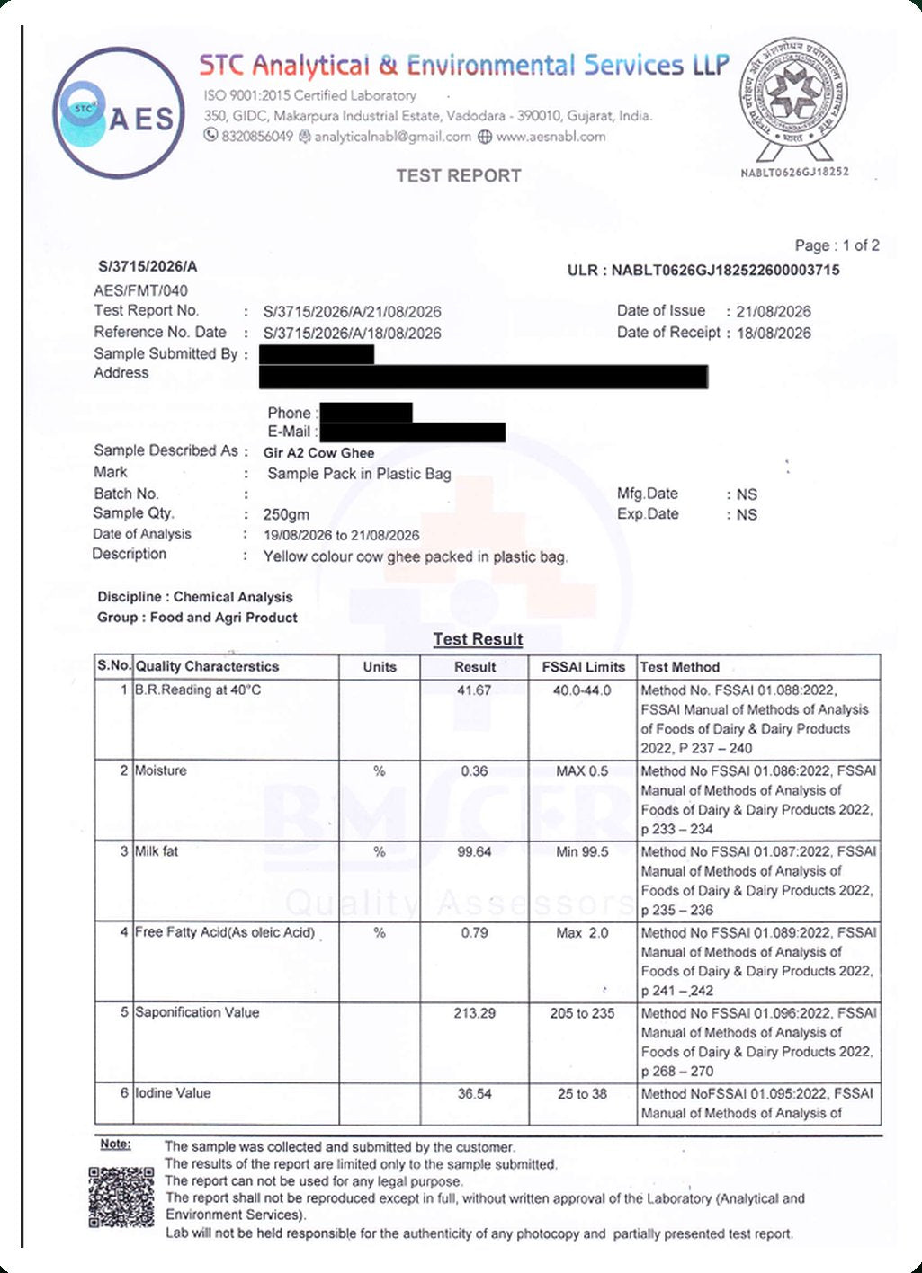 Page 1 of the STC Analytical & Environmental Services test report for Gir A2 cow ghee, showing six test results within FSSAI limits